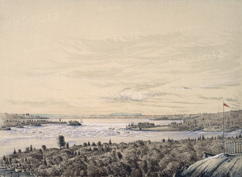 Sault de Ste. Marie between Lakes Huron and Superior, 1842.  Created by Ainslie, Henry Francis