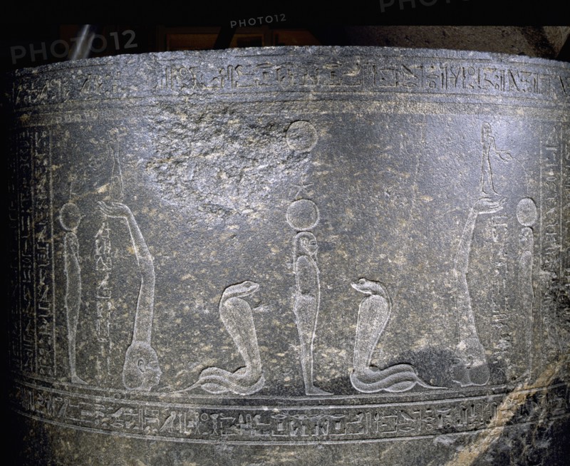 Detail of the granodiorite sarcophagus of Djeho with depiction of deities