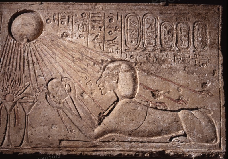 Relief depicting Akhenaten as a sphinx offering to the sun god Aten