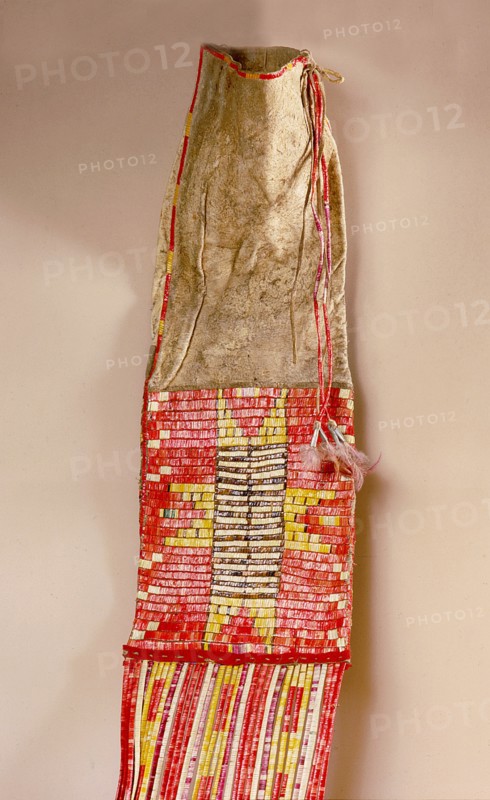 Pipe bag made from buffalo skin and decorated with quillwork