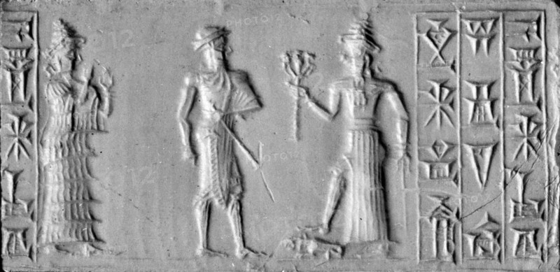 Old Babylonian cylinder seal with depiction of the man with the mace, conventional name for an unidentified possibly divine figure