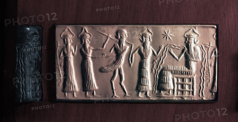 Cylinder seal of the water god Ea with streams flowing from his body