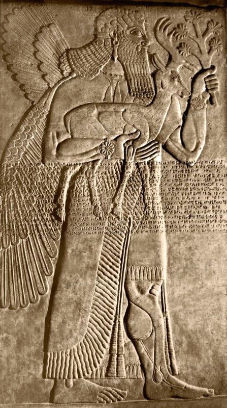 Winged protective spirit carrying a deer