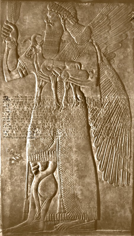 Winged protective spirit carrying an ibex (goat) and an ear of corn