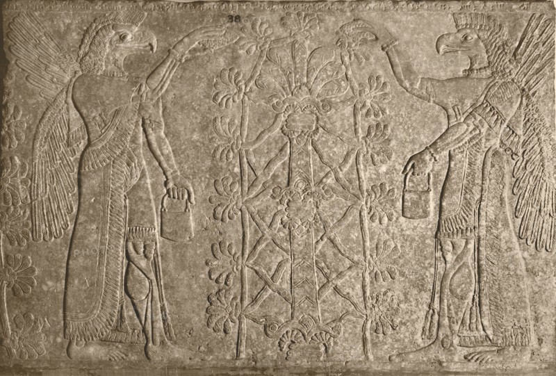 Two eagle headed, winged protective spirits sprinkle the sacred tree with incense using pine shaped sprinklers