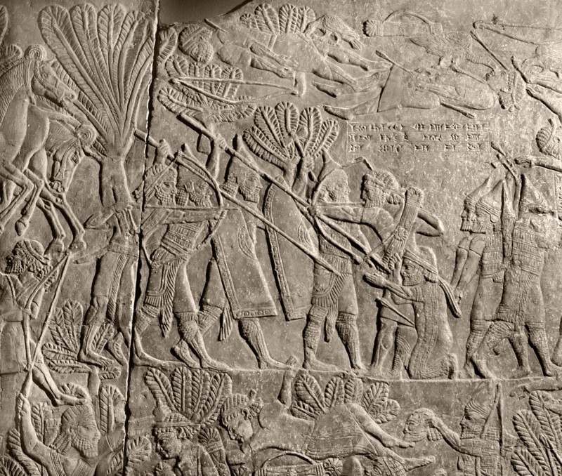 A detail of a stone relief from the palace of Ashurbanipal depicting the battle of Til Tuba, 653 BC