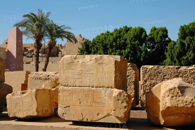 View across the jumbled and disassembled building blocks now kept in the Open Air Museum area of the Precinct of Amun