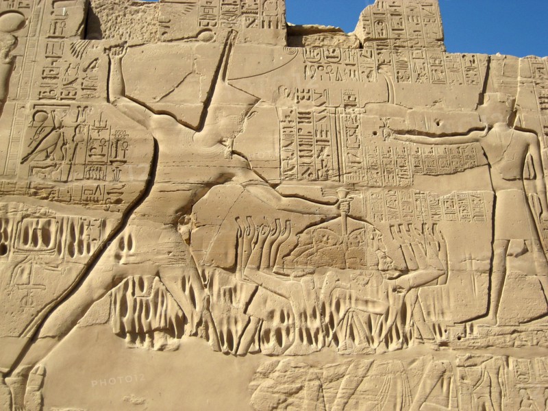 Tuthmosis III smiting his enemies, the Cannaanites, at the Battle fo Megiddo from the north wall of the Great Hypostyle Court