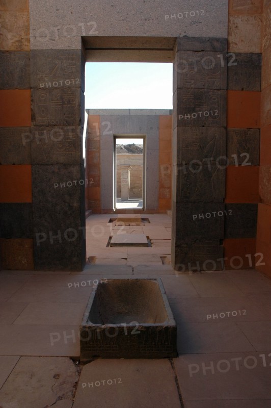 Interior view of the Red Chapel of Hatshepsut showing a granite lustral basin