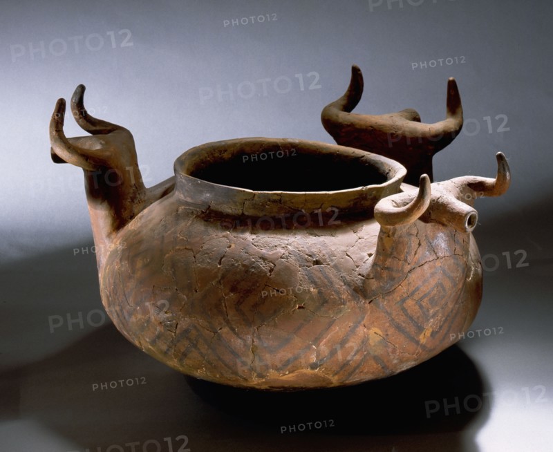 Vessel with zoomorphic handles and geometric decoration