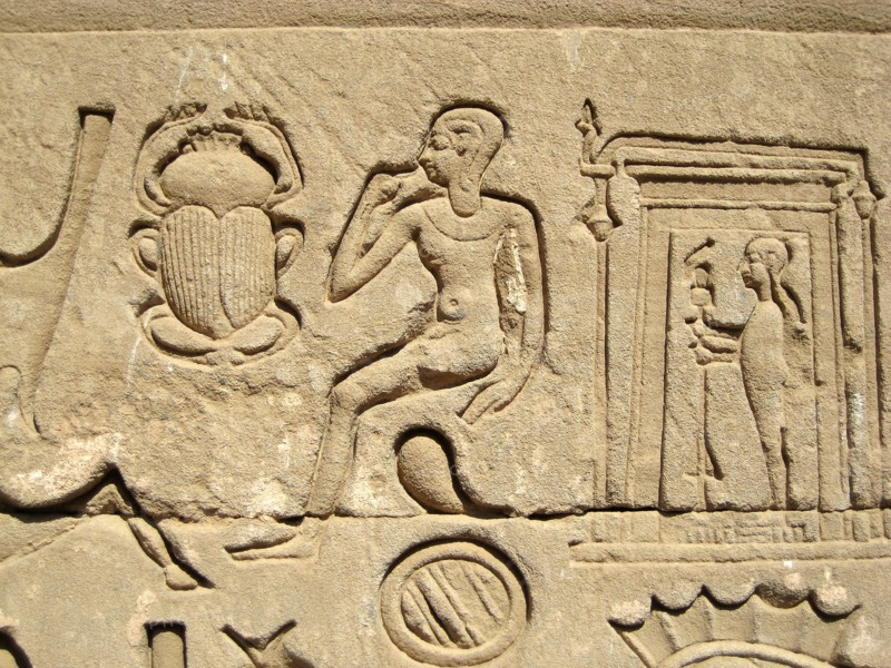 Hieroglyphic relief on the outer wall of the structure which houses the Hall of the Ennead and The Sanctuary