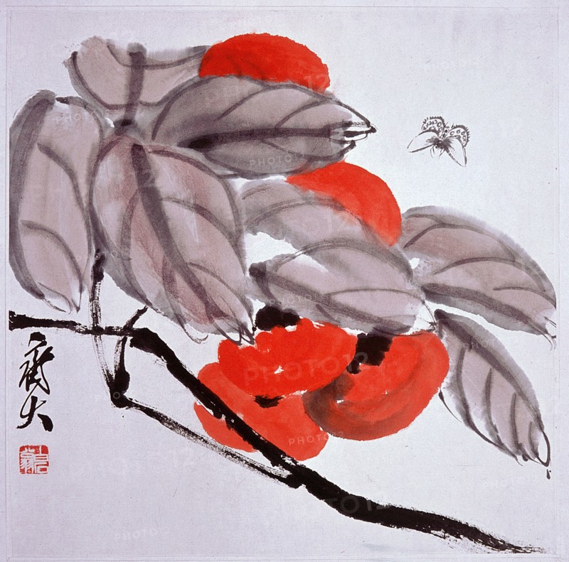 Painting by Chi Pai shih: A branch of Persimmon and a Butterfly (loose sheet)