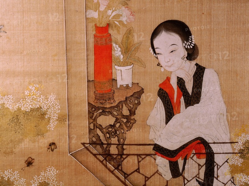 Painting of a woman on a balcony