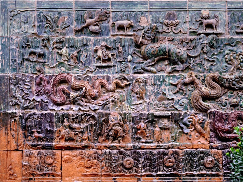 A wall of ceramic tiles at the Guan Di Temple