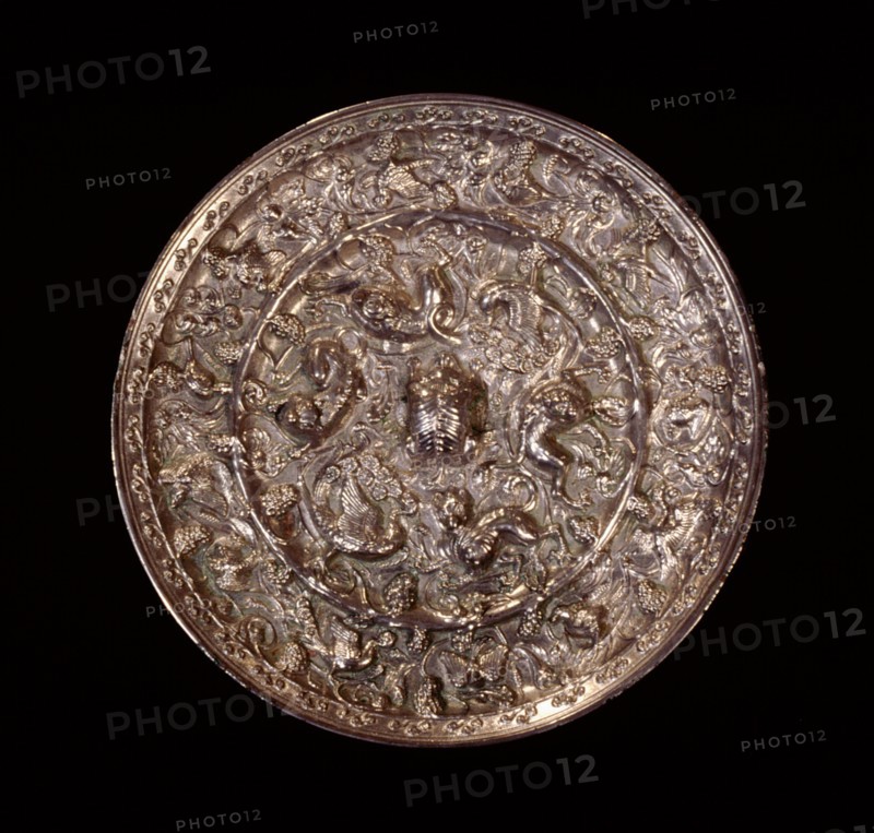 The reverse of a large silver mirror decorated in relief with a frog surrounded by vines, lions and two peacocks
