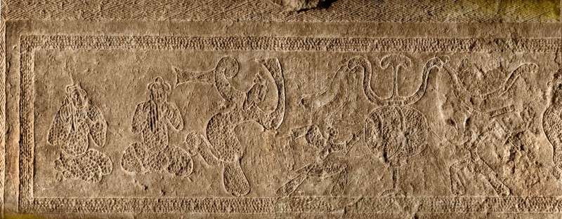 Brick from a tomb structure impressed with a design of players of pan pipes, a dancer and drummers