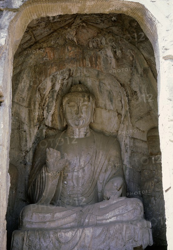 The Longmen cave temple complex which extends for about 1000m along the Yi River