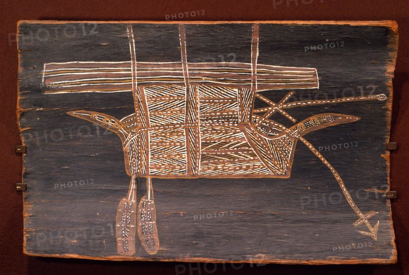 Aboriginal bark painting depicting a three masted European ship with trailing anchor