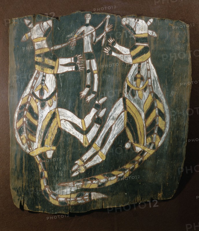 Aboriginal bark painting depicting a hunter with two kangeroos