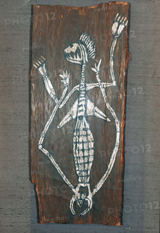 Bark painting depicting an exaggerated and distorted female figure