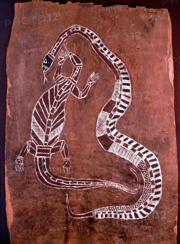 Aboriginal bark painting depicting a snake and a lizard