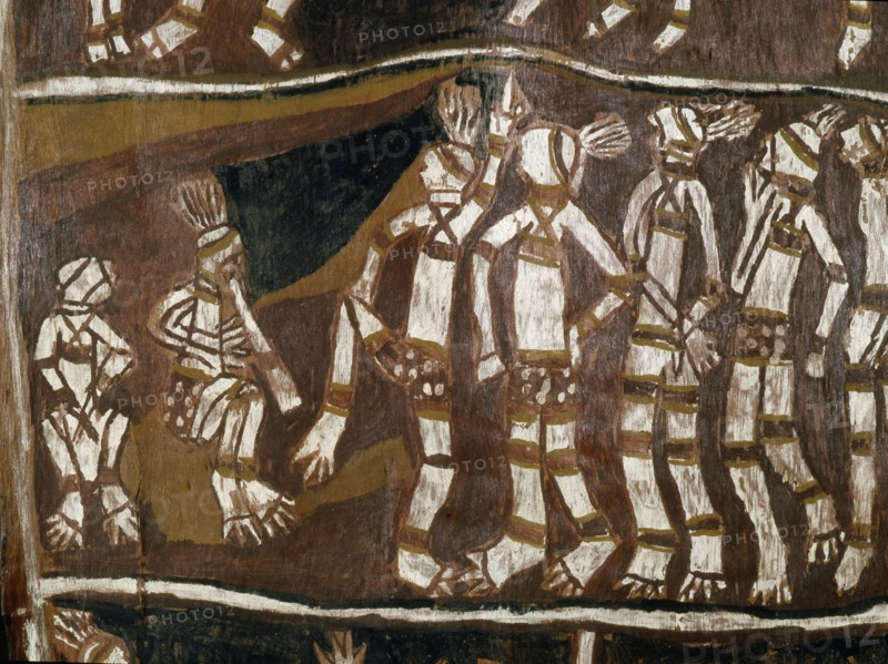 Aboriginal bark painting depicting a ceremony, with musicians and dancing