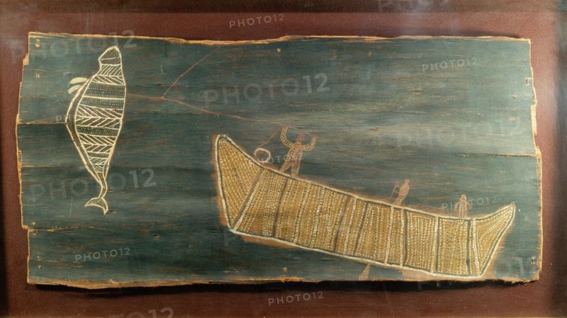 Aboriginal bark painting depicting a whaling group