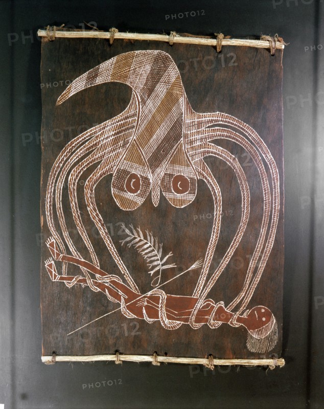 An aboriginal bark painting depicting a fisherman being captured by an octopus