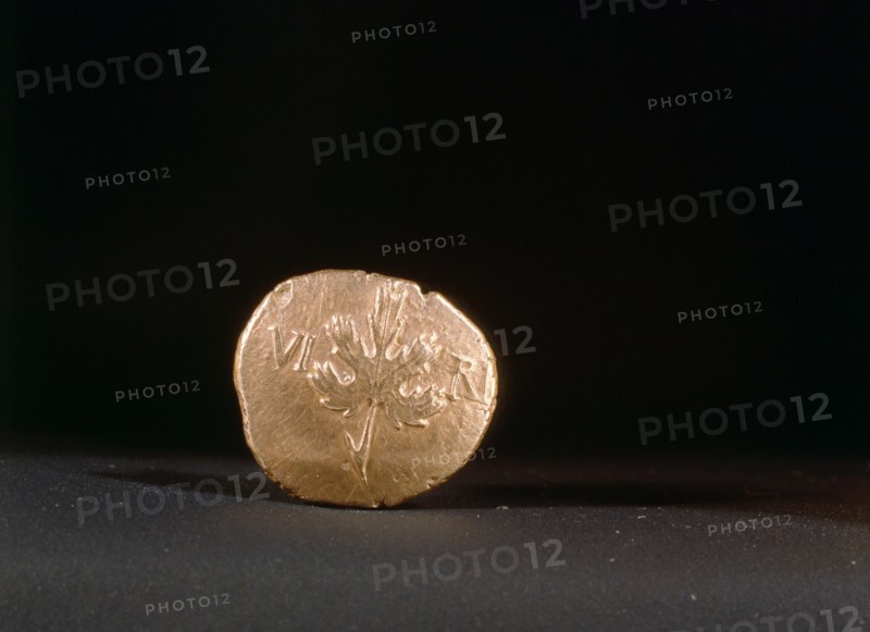 Gold coin bearing the abbreviated name of King Verica and the image of a vine leaf