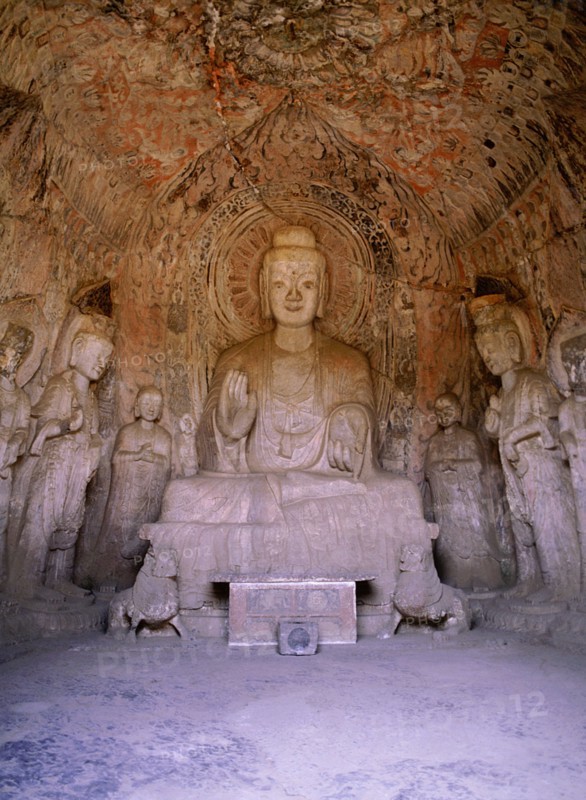 The Longmen cave temple complex which extends for about 1000m along the Yi River