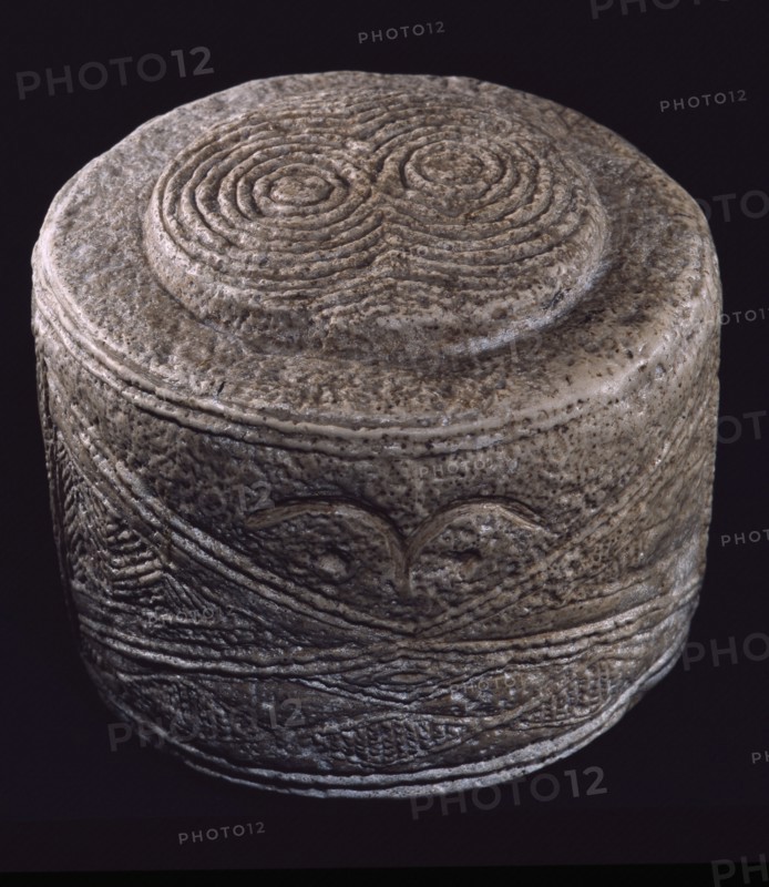 One of the three Folkton drums, found in a child burial in a round barrow excavated by William Greenwell in 1889