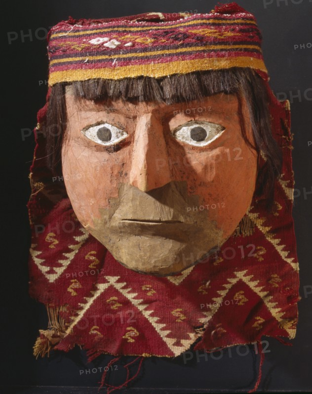 Mask with headband and human hair probably from a mummy bundle