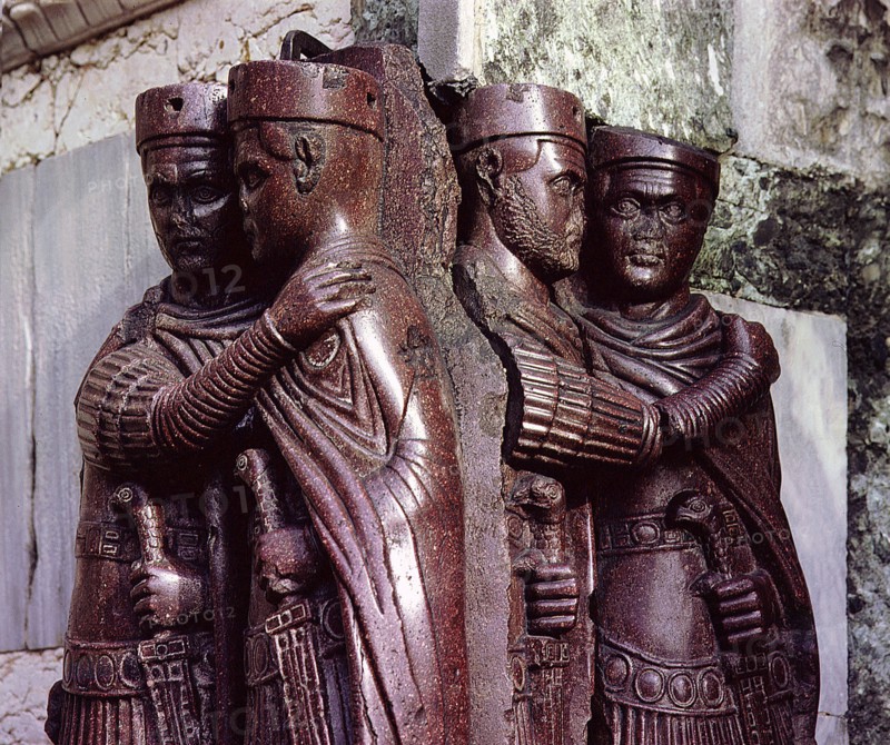 As there was a short period early in the 4th century when there were four emperors ruling simultaneously over the vast but disintegrating Roman Empire, it is usually thought that this group of embracing emperors in St Marks Venice represents the intended harmony of their rule