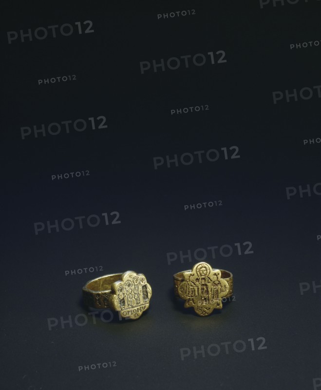 Personal jewellery such as these finger rings were often decorated with secular themes but the existence of many items of jewellery decorated with religious subject matter indicates how interwoven these two aspects of life had become
