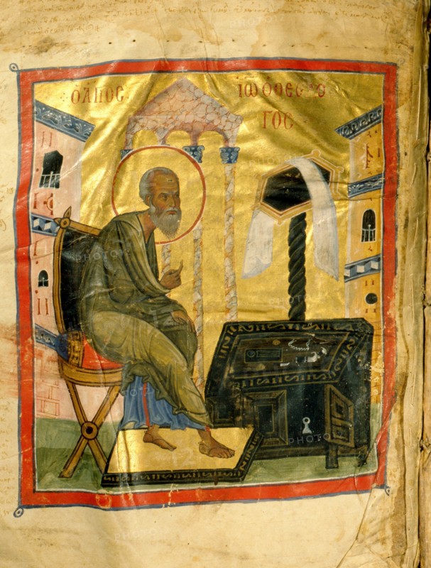 An illumination depicting St John the so called Theologos writing at his desk