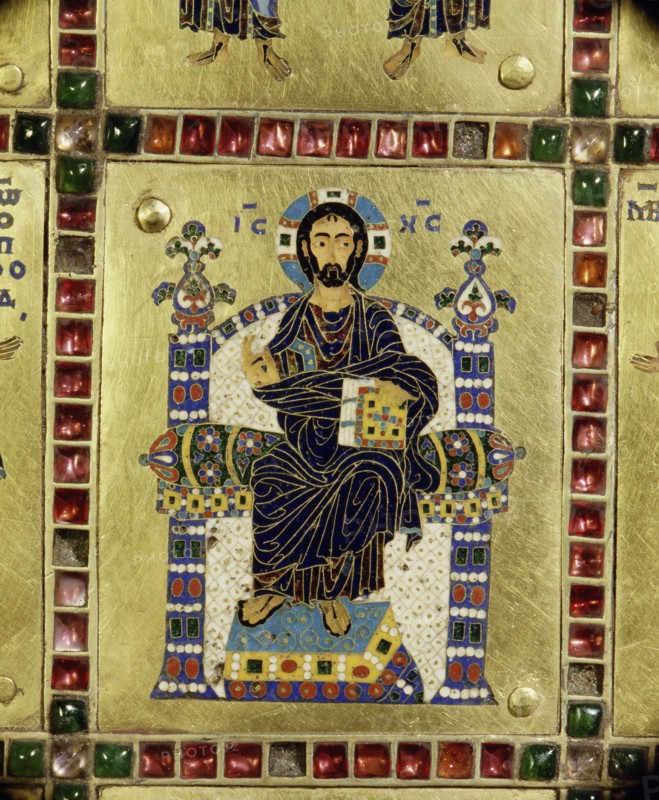 A detail of the outer container of a reliquary of the True Cross, one of the richest and most elaborate ensembles of Byzantine enamels to have survived the sack of Constantinople in 1204