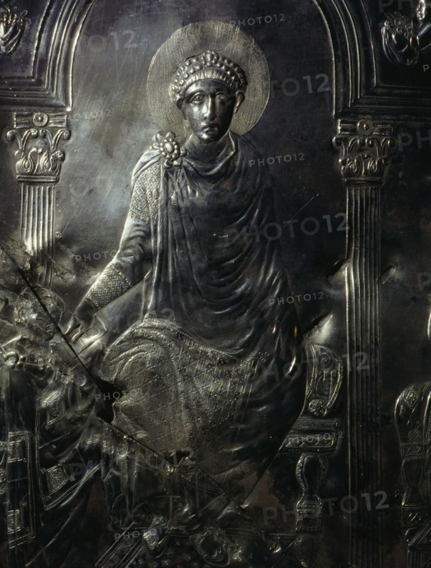A detail of the Missorium of Theodosius showing Theodosius enthroned