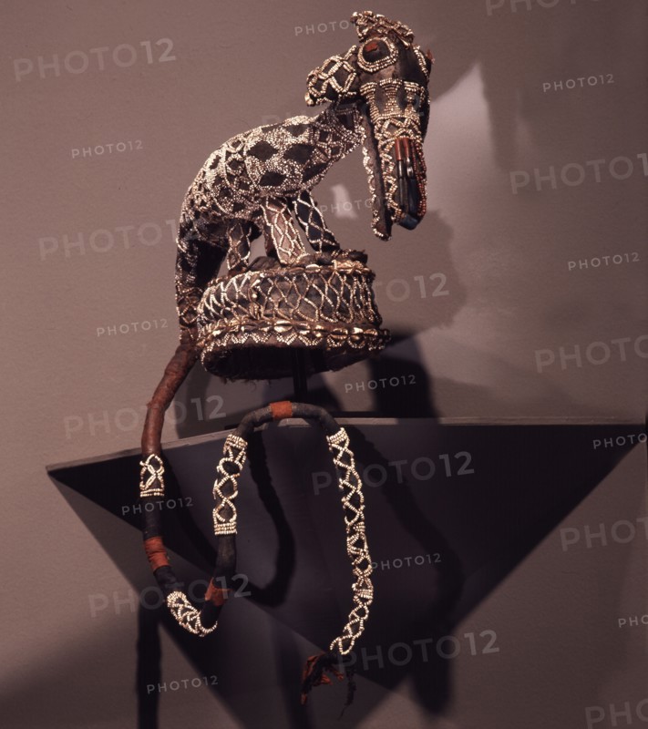The headdress of a mask costume representing a leopard, a crucial symbol of kingship in the dance societies of the Bamileke