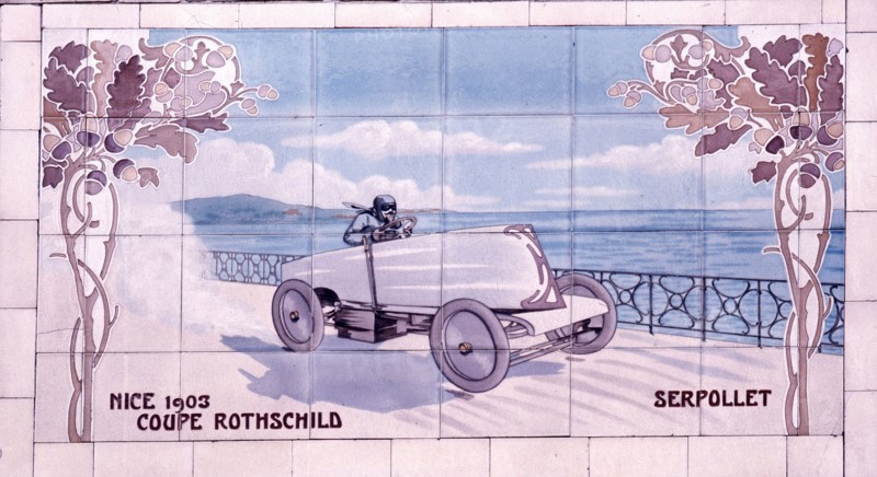 Decorative tile of famous racing car of the time which used Michelin tyres