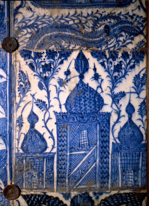 Mismatched Iznik style tiles from a wall panel