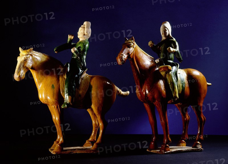 Tomb figures of a drummer and a trumpeter, both mounted on horses