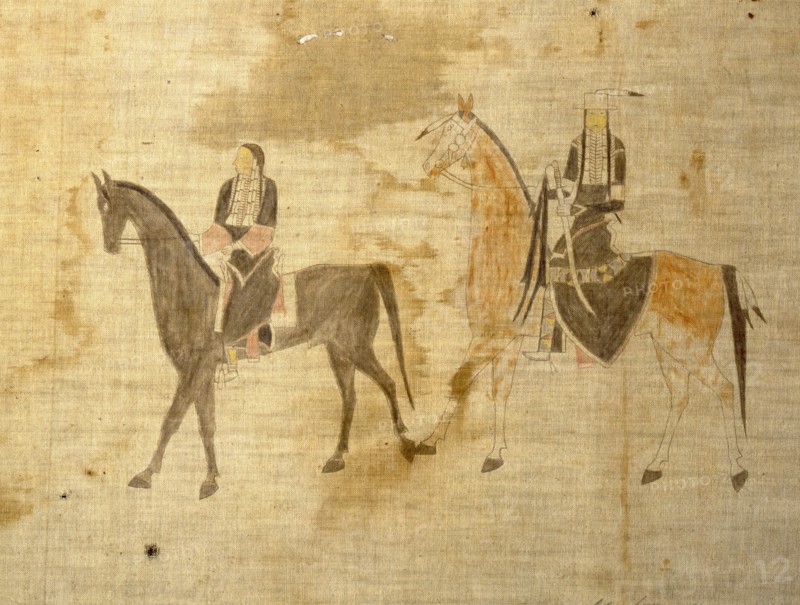 A cloth painting depicting a parade, a Sun Dance ceremony and scenes from daily life