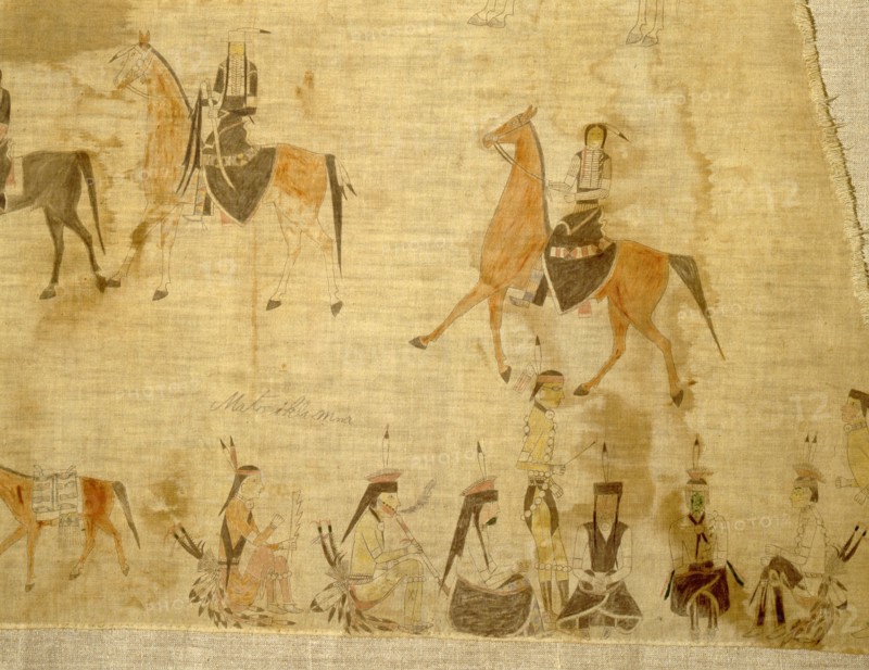 A cloth painting depicting a parade, a Sun Dance ceremony and scenes from daily life