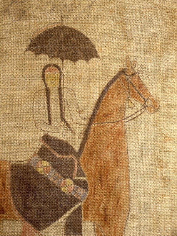 A cloth painting depicting a parade, a Sun Dance ceremony and scenes from daily life