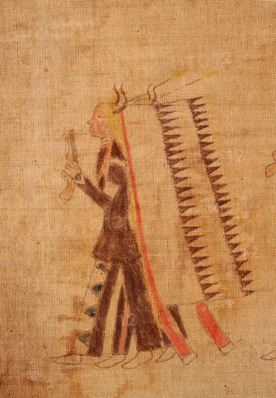 A cloth painting depicting a parade, a Sun Dance ceremony and scenes from daily life