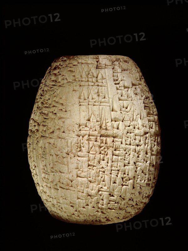 Hollow clay cylinder inscribed in cuneiform, describing Sin iddinams dredging of the Tigris on behalf of various deities