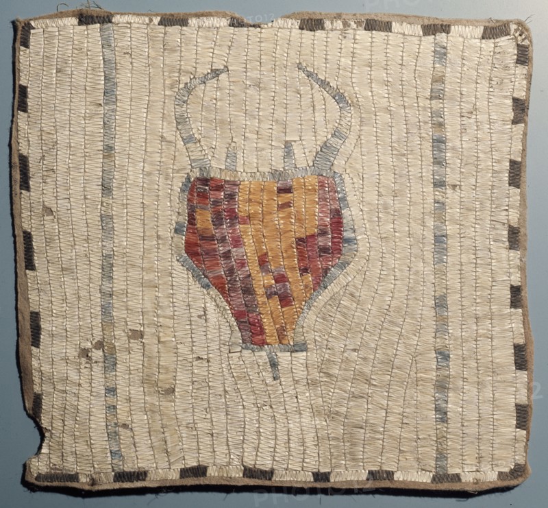 Hide bag with quillwork decoration depicting a buffalo head