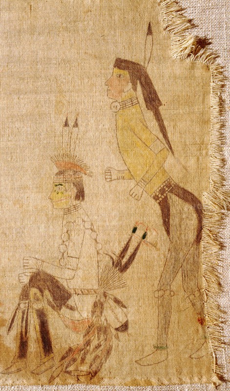 A cloth painting depicting a parade, a Sun Dance ceremony and scenes from daily life