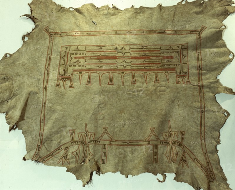 Buffalo robe with the characteristic box and border design of a womans garment