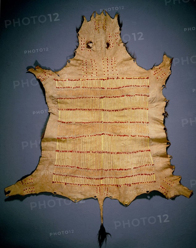 Buffalo robe decorated with stripes of dyed porcupine quills